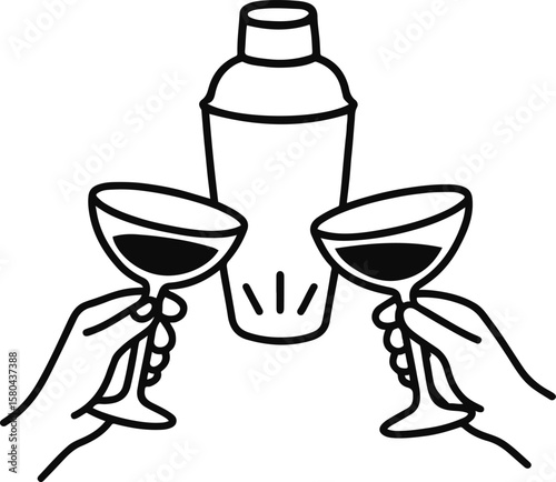 set of cocktails, Cocktail Shaker and Two Hands Holding Glasses – Minimal Line Art for Celebration Scene