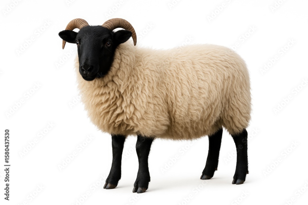 Fototapeta premium Small black-faced sheep of Welsh breed on plain white backdrop