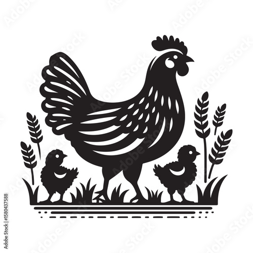 Stylized silhouette of a hen and two chicks in a field