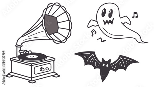 A collection of musical themed icons featuring a ghost playing violin, gramophone, and a man with microphone