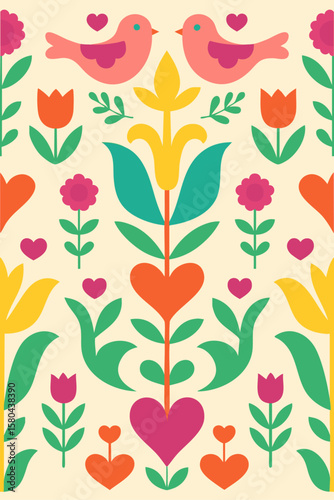 Folk art flower pattern with tulips and hearts on cream background.
