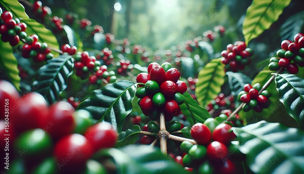 Obraz premium Lush coffee plants with ripe and unripe coffee cherries in a tropical forest setting.