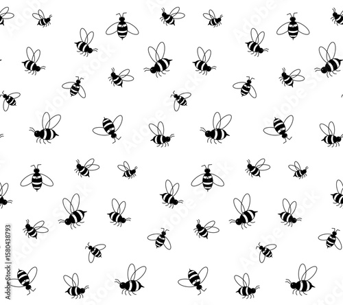 Honey bee seamless pattern. Vector graphic line illustration. Silhouette sign for logo, print, comics, fashion, pop art, boards, design, stickers, decoration, posters
