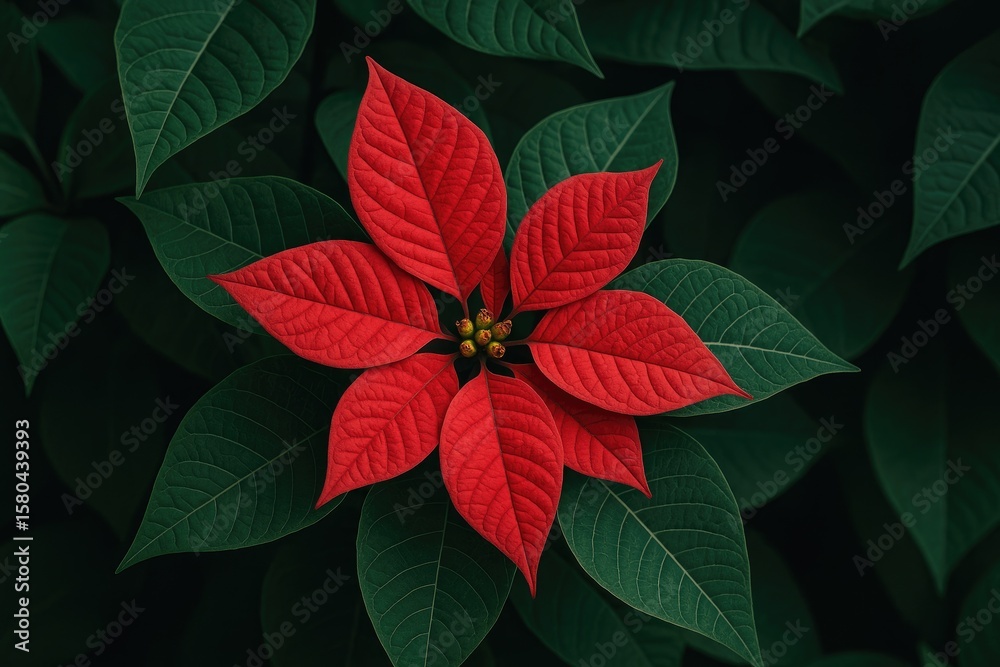 Obraz premium Winter decorative arrangement featuring a vibrant red flower and green leaves with a distinctive texture