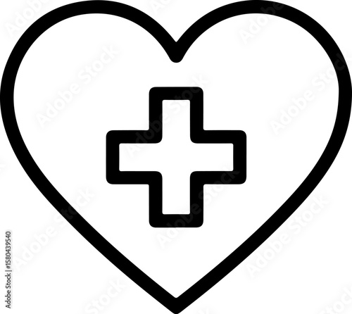 Simple black outline heart with a medical cross inside on white background