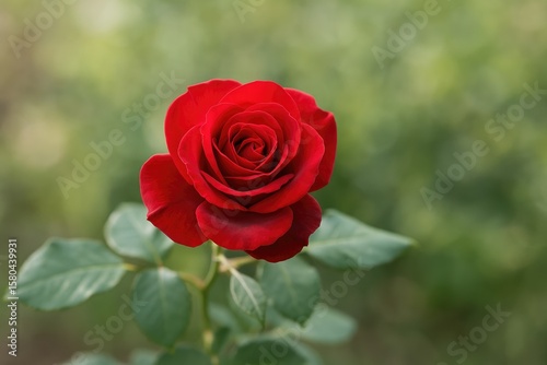 Artistic depth of field capturing a vibrant red rose in a lush garden