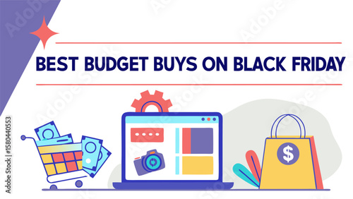 Illustration of best budget buys on black friday with shopping cart laptop and bag in a promotional design