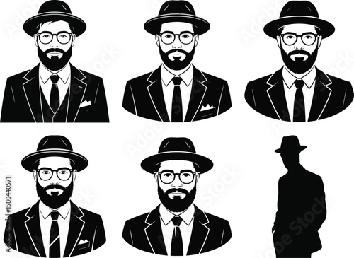 Hipster man in suit and hat with beard and glasses silhouette vector for business, fashion, and professional design