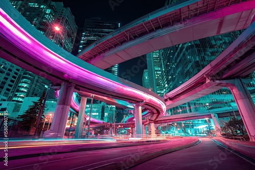 Neon-lit highway interchange at night.  High-rise buildings framed by curved overpasses.  Vibrant magenta and teal colors illuminate the scene.  Motion blur from vehicles