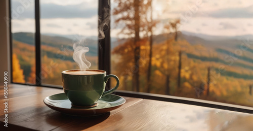 A cup of hot coffee in a cozy cottage overlooking autumn landscapes