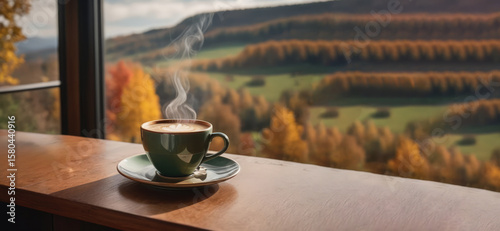 A cup of hot coffee in a cozy cottage overlooking autumn landscapes