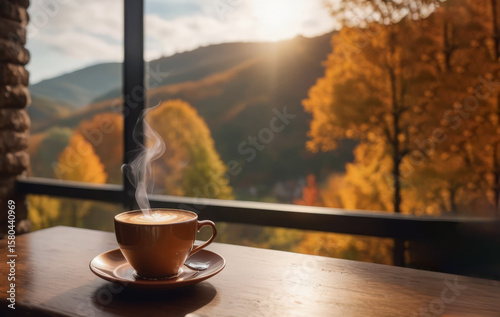 A cup of hot coffee in a cozy cottage overlooking autumn landscapes
