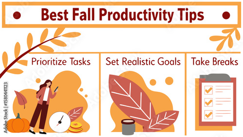 Illustration showing fall productivity tips including prioritizing tasks and setting realistic goals and breaks