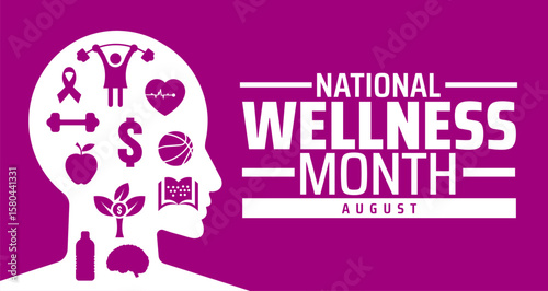 national wellness month background, banner or poster design template. observed every year in August. Holiday concept. Use to any Template, card, poster, placard, template.