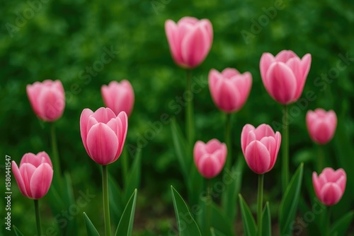 Soft pink tulips with a blurred green leafy background