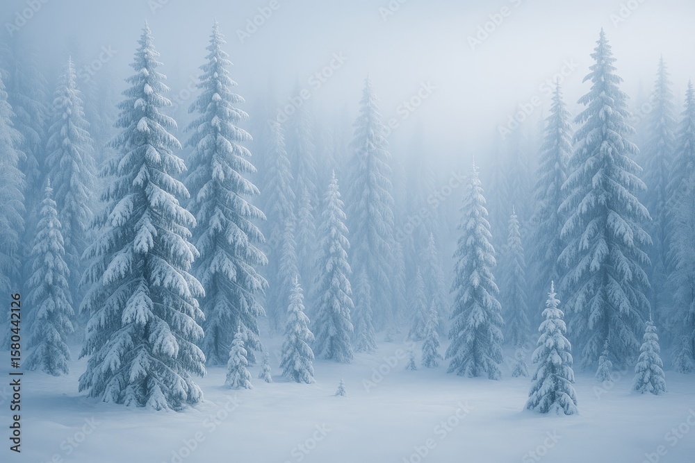 Fototapeta premium A winter paradise covered in snow with frosted trees reaching towards a peaceful sky.