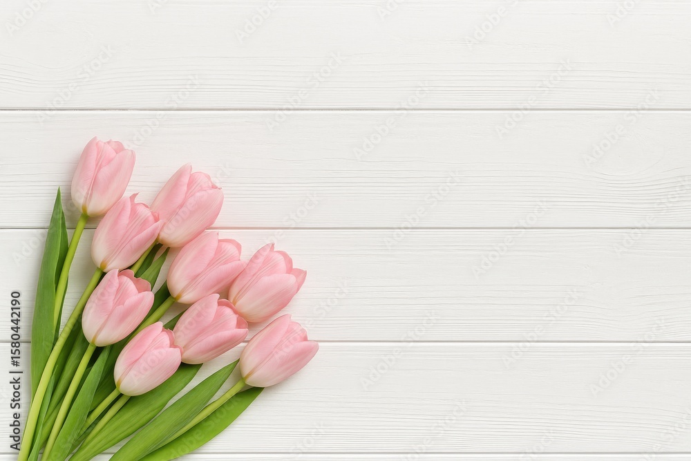 Fototapeta premium Bright pink spring tulips displayed against a whiteboard backdrop with space for custom text
