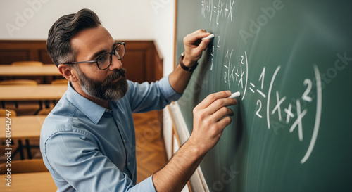 Ambidextrous school teacher in classroom writing math formula on the blackboard with white chalk in each hand, person using their brain hemispheres in a non symmetrical way, smart college professor 