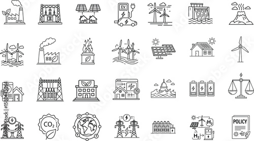 Extensive Line Art Collection of Green Energy and Sustainable Technology Icons, Representing Renewable Power Solutions