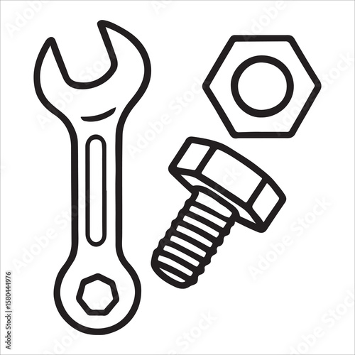 Isolated metal adjustable wrench tool with a bolt on white
