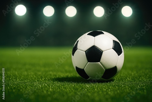 Football resting on the pitch with shining spots of light