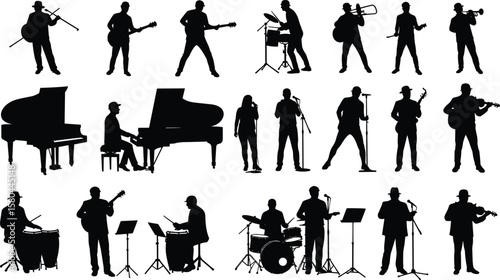 Silhouette of musicians playing instruments, live performance, band illustration, jazz concert clipart, music artist vector, black stage figures