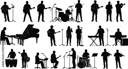Musician silhouette vector collection, jazz band performance, music concert illustration, singer and instrumentalist group, drummer and pianist icons