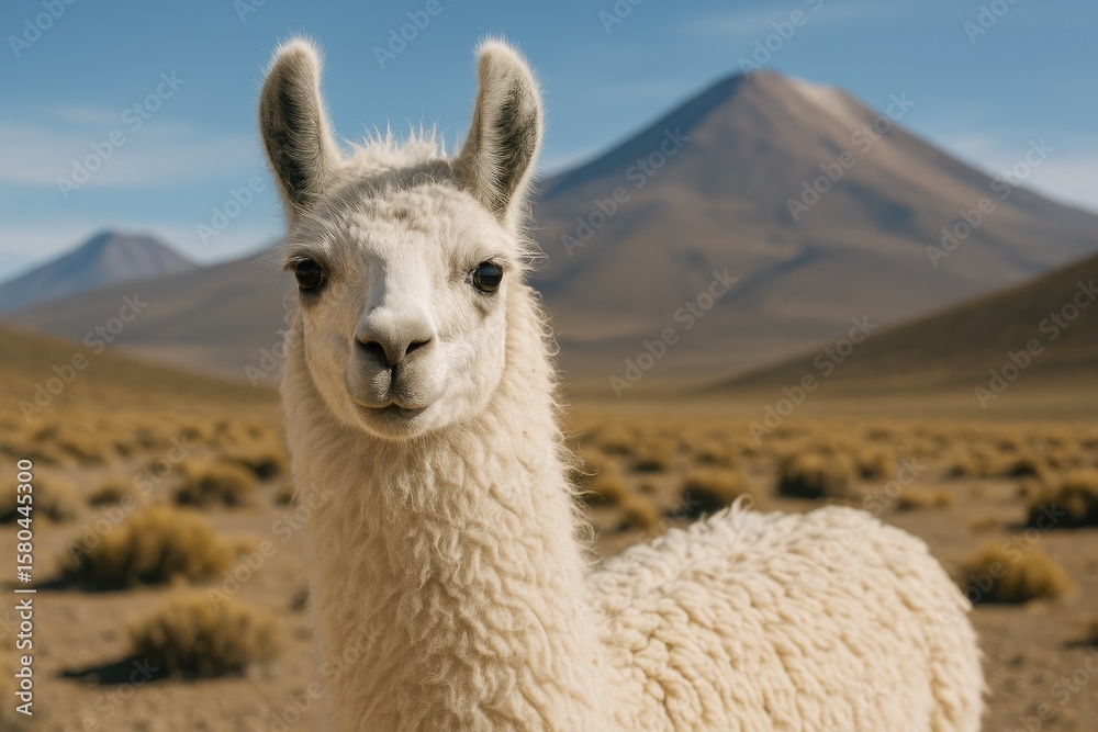 Obraz premium Close-up of a Lama gazing directly at the camera in the high-altitude plateau
