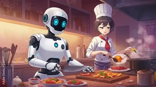 A futuristic kitchen scene featuring a robot chef and a human chef preparing colorful dishes together