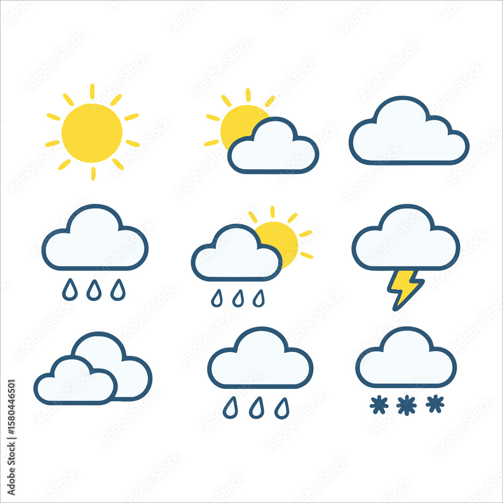 Fototapeta premium Weather forecast icon set with sun clouds rain snow and storm symbols in vector design