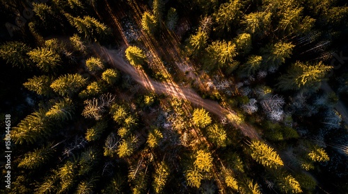 Aerial View of Forest Path with Trees