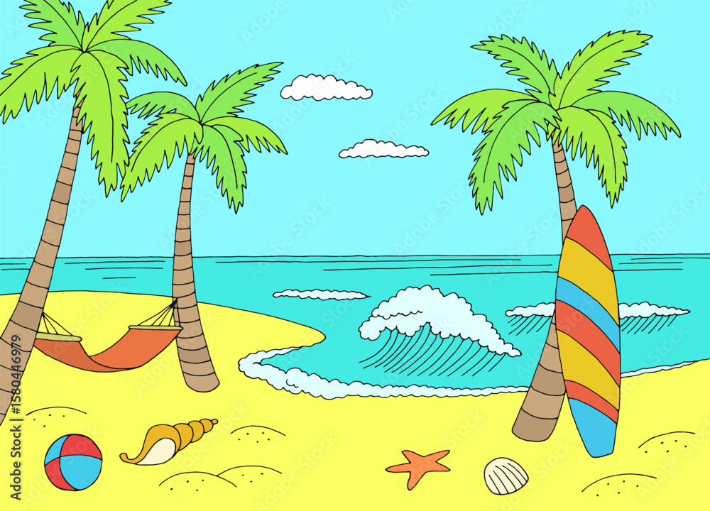 Naklejka premium Surfboard and hammock sea coast graphic beach color landscape sketch illustration vector