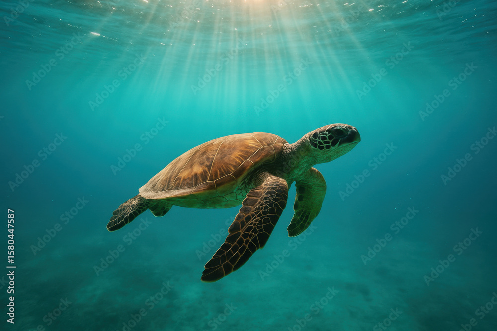 Obraz premium Sea turtle swimming in turquoise water with sunbeams