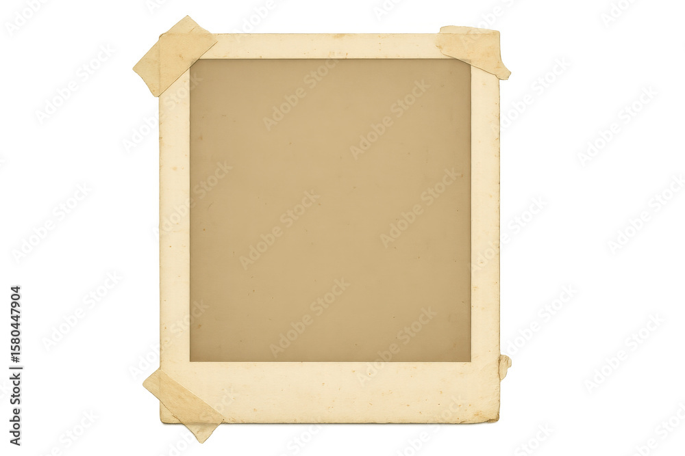 Fototapeta premium Weathered photo frame secured with adhesive tape, bearing vintage marks, resting on transparent backdrop