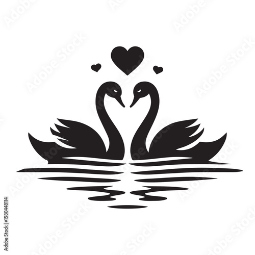 Two black swans forming a heart shape with reflections and hearts above