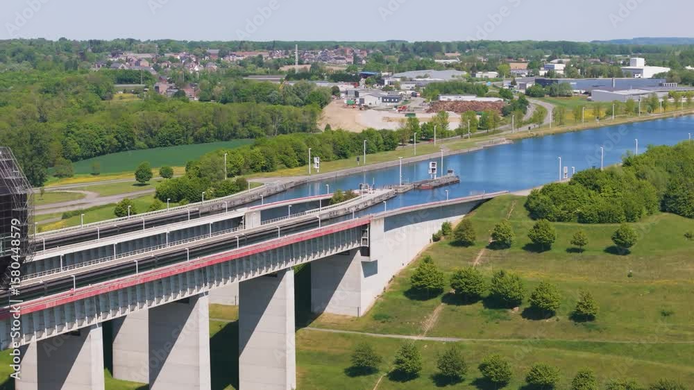 upstreams canal town background scenic strépy thieu boat lift le rœulx hainaut belgium backward drone shot view strépy-thieu aerial videography man-made canals 
