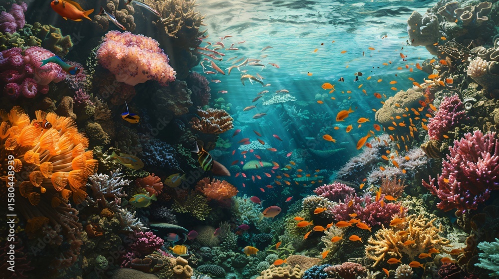 Fototapeta premium Vibrant coral reef teeming with tropical fish schools