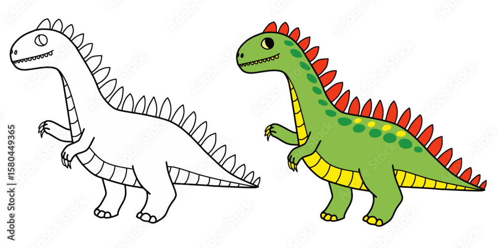 Fototapeta premium Black and white hand drawn dinosaur line art vector illustration with coloring page. Cute cartoon dinosaur, wild animal coloring page for adults and kids