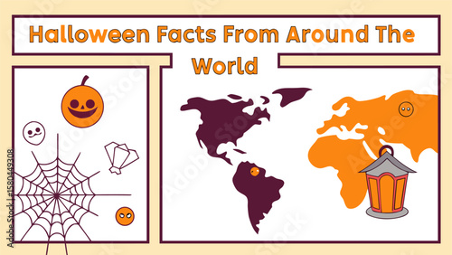 Illustration showing halloween facts around the world with map and halloween themed images displayed nicely