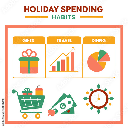 Illustration showing holiday spending habits with gifts travel dining shopping money and time management icons
