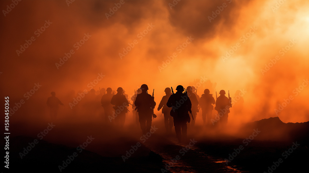 Fototapeta premium Soldiers Silhouetted on a Smoky Battlefield