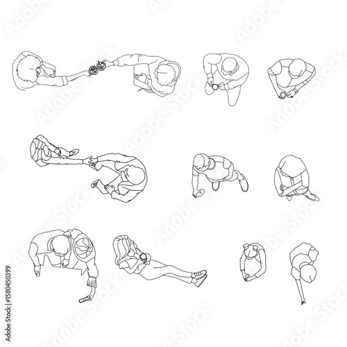 Top View People in Coffee Shop and Bar Scenes – Vector Line Set