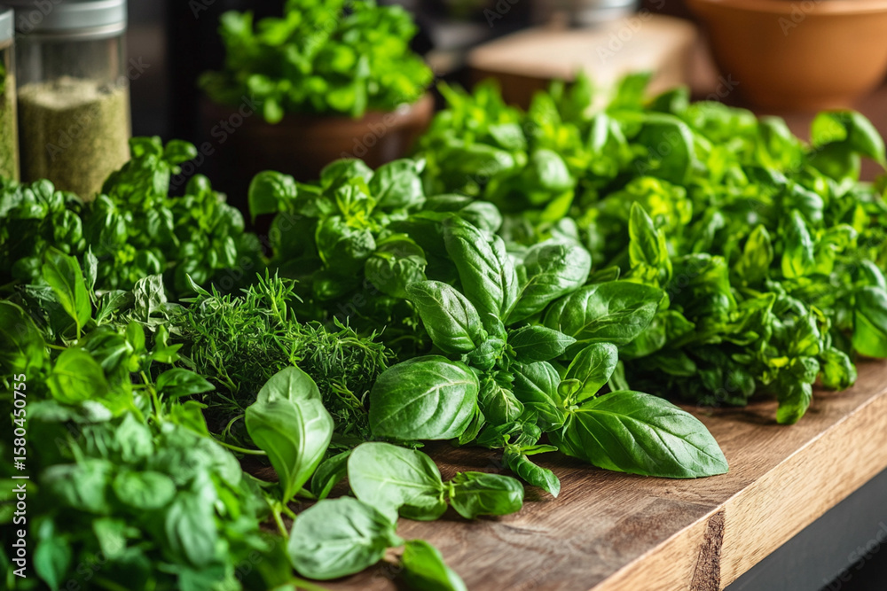 Fresh Herbs in Kitchen on Wooden Table Fresh Herbs in Kitchen on Wooden Table