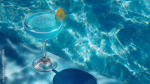 Top down angle of elegant cocktail glass with a vibrant blue lagoon drink placed poolside with turquoise water shimmering in the background sunny weather high contrast shadows and sparkling highlights