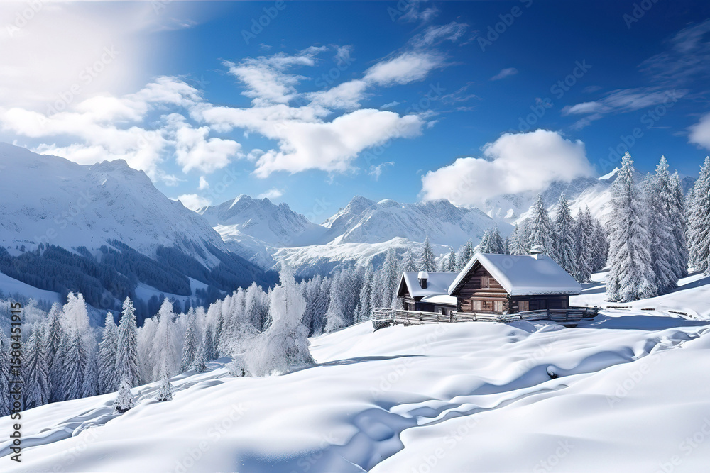 Fototapeta premium Snow-Covered Valley with Rustic Cabin, Coniferous Forest, and Majestic Rocky Peaks Under Cloudy Sky