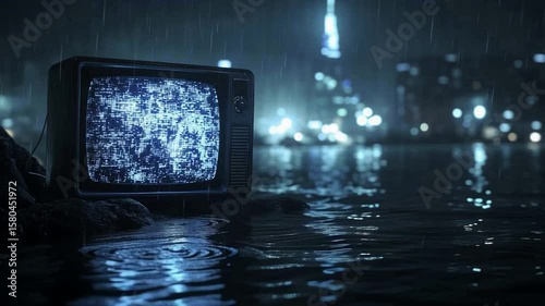 廃墟都市に佇む雨に濡れた砂嵐のブラウン管テレビ generative ai