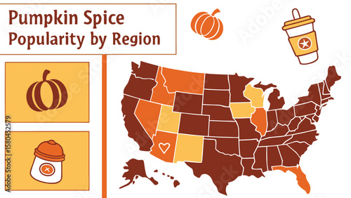 United states map displaying pumpkin spice popularity by region with coffee cup and pumpkin icons shown