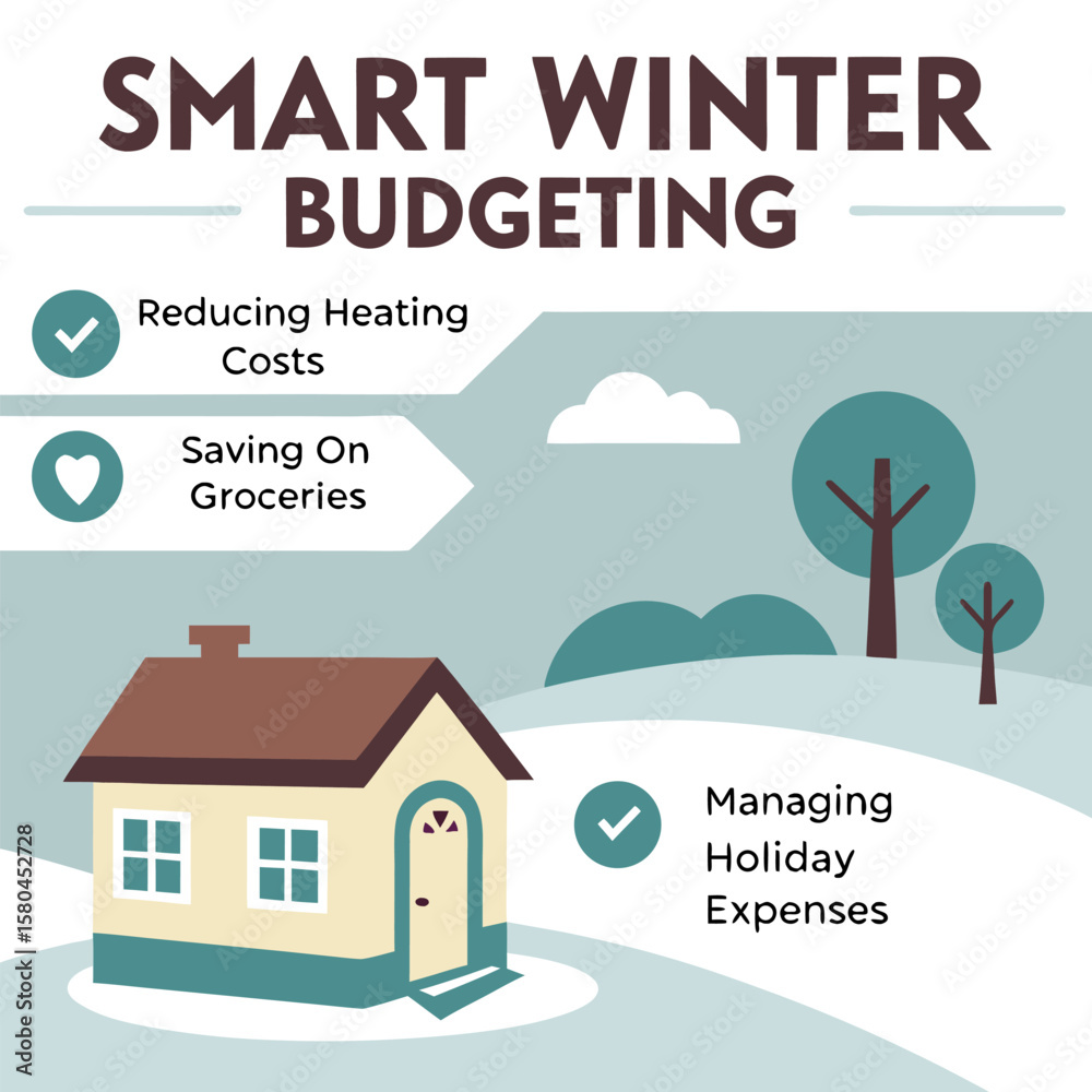 Fototapeta premium Illustration depicting smart winter budgeting with a house, calculator, and insulation tips on a blue backdrop
