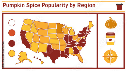 Pumpkin spice popularity by region map of the united states with pumpkin and drink icons and state colors