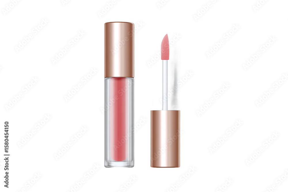 Obraz premium Open Pink Lip Gloss Tube with Applicator, Isolated on White Transparent Background